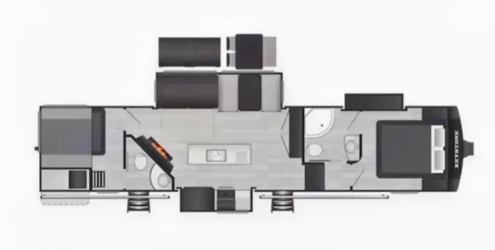 Keystone RV rental floor plan: Spacious interior with multiple beds, kitchen island, living space, and two bathrooms.. Keystone RV Cougar 2022