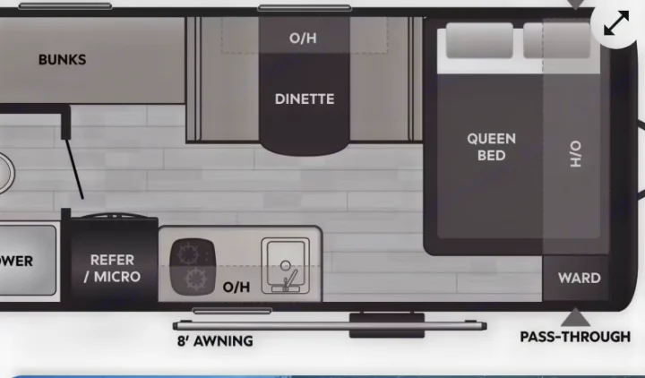 RV rental floor plan featuring a queen bed, bunks, dinette, kitchen with refer/micro, and shower.. Keystone RV Coleman 2025