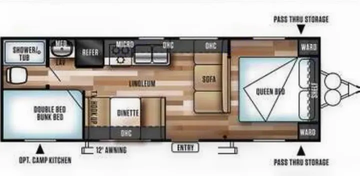 RV rental floor plan: A clear top-down view of a travel trailer's interior, featuring queen bed, bunk beds, kitchen, living area, and bathroom.. Forest River Wildwood X-Lite 2018