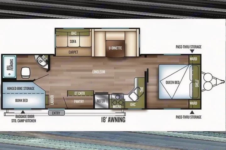 Explore this RV rental's floor plan: queen bed, bunks, full kitchen, bath, U-dinette. Perfect travel trailer layout.. Forest River Salem 2018