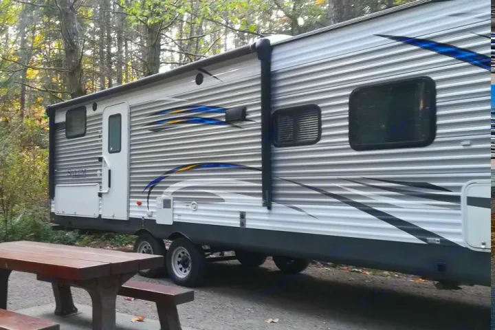 A large travel trailer rv rental, grey with blue and yellow graphics, is parked in a scenic wooded campsite.. Forest River Salem 2018