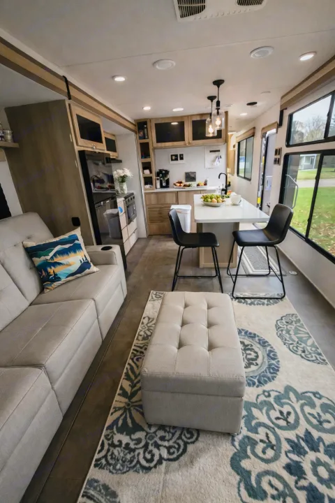 Spacious and modern RV rental interior featuring a cozy living area with a couch, ottoman, and a fully equipped kitchen with island.. Forest River Wildwood FSX Platinum 2023