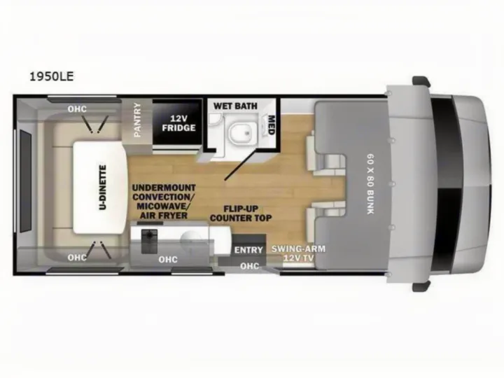 Detailed 1950LE RV rental floor plan, showing a kitchen, U-dinette, wet bath, and a 60x80 bunk bed area.. Forest River Sunseeker 2027