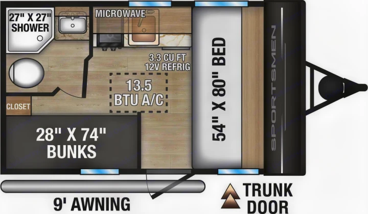 This RV rental floor plan shows a compact travel trailer with a 54"x80" bed, 28"x74" bunks, kitchen, shower, and 9' awning.. KZ Sportsmen Classic 130BH 2026