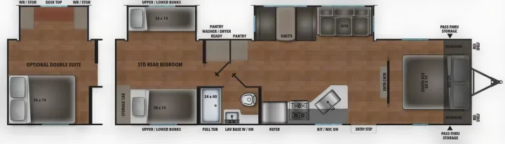 This RV rental floor plan displays a comprehensive layout with a queen bed, bunks, kitchen, bath, dinette, and an optional double suite.. Forest River Shasta I-5 2025