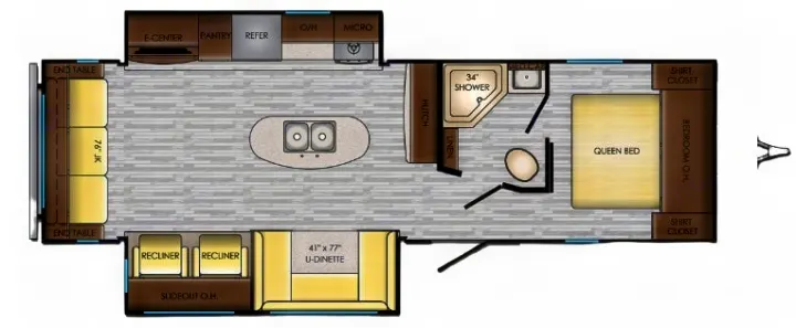 RV rental floor plan showing interior layout with living area, kitchen island, queen bed, 34" shower, dinette, and recliners.. Crossroads RV Zinger 2019