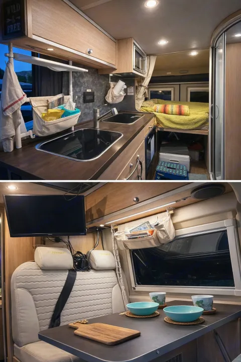 RV rental: See a compact kitchen, cozy bed, and dining area with TV. Smart storage keeps this travel-ready interior organized.. Hymer Hymer Class B 2019
