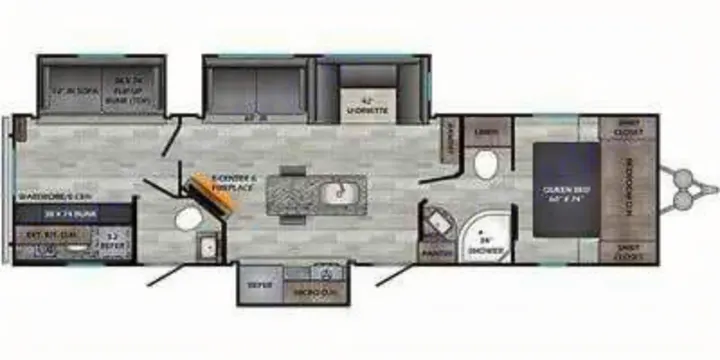 RV rental floor plan: spacious layout with kitchen, living area, queen bedroom, bunk beds, and full bath. Ideal for families.. Crossroads RV Zinger 2024