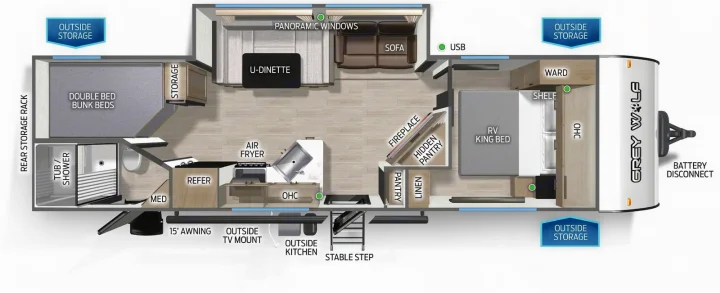 RV rental floor plan shows Grey Wolf travel trailer interior with king bed, bunk beds, kitchen, dinette, and outside features.. Forest River Cherokee Grey Wolf 2025