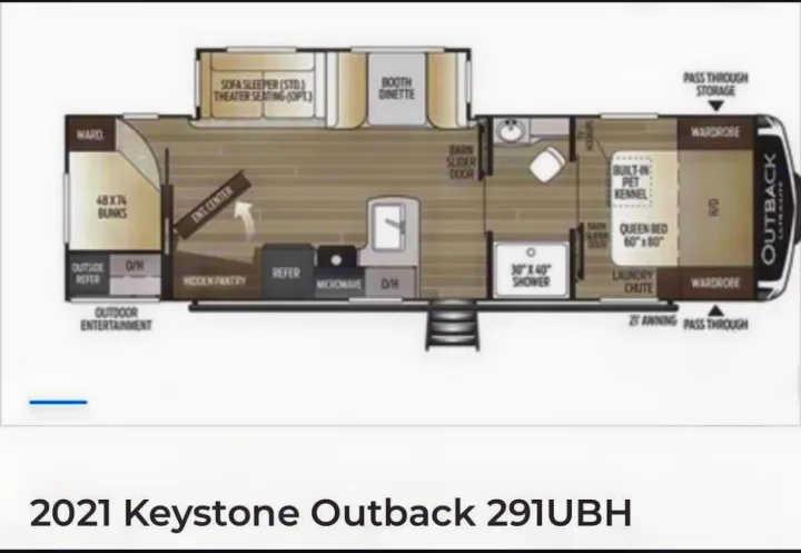 Detailed floor plan of a 2021 Keystone Outback 291UBH rv rental: bunks, queen bed, dinette, kitchen, bath, and pet kennel.. Keystone RV Outback Ultra-Lite 2021