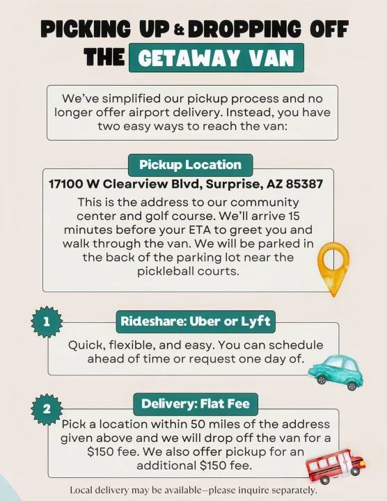 **RV rental** van pickup/drop-off instructions, detailing location, rideshare, and flat-fee delivery options.. Dodge Ram Promaster 2500 2022