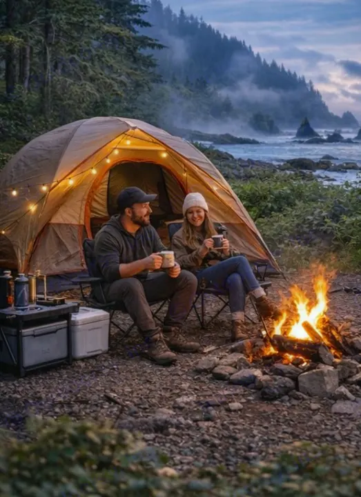 Cozy coastal camping: A couple enjoys a campfire and lit tent by the ocean. Perfect for an RV rental adventure!. Mitsubishi Delica 2002