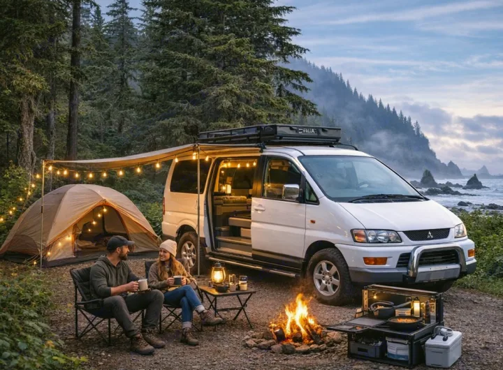 Enjoy a scenic RV rental adventure! Couple camps by a cozy campfire, tent, and converted van with ocean and forest views.. Mitsubishi Delica 2002