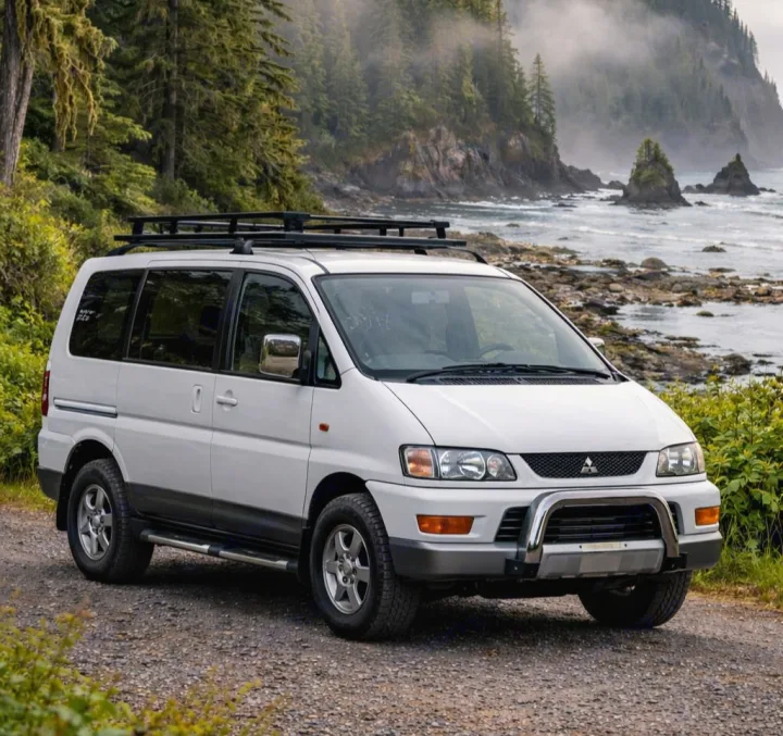 White Mitsubishi Delica 4x4 van with roof rack on a coastal gravel road. Perfect for your next RV rental adventure.. Mitsubishi Delica 2002