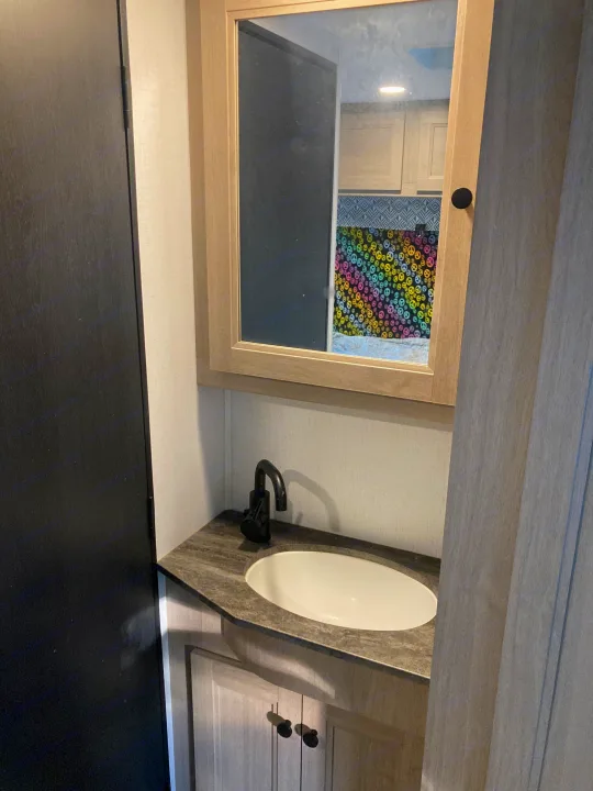 Compact RV rental bathroom vanity with sink, dark faucet, and mirrored cabinet. Reflects colorful bedding.. Forester LE 2024