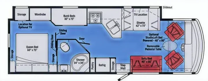RV rental floor plan: Detailed motorhome layout with queen bed, bunk beds, dinette, kitchen, bath, sofa/bed, and optional loft bed.. Winnebago Vista 2019