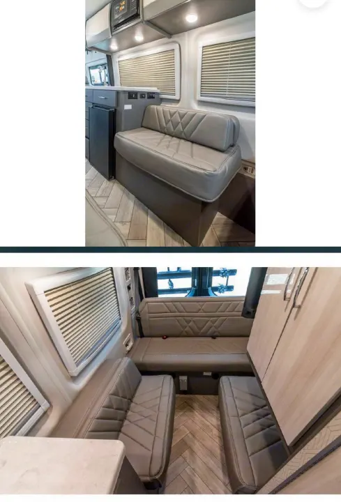 Versatile RV rental interior featuring convertible dinette seating, kitchenette with fridge, and overhead storage for comfortable travel.. Thor Tranquility 2025