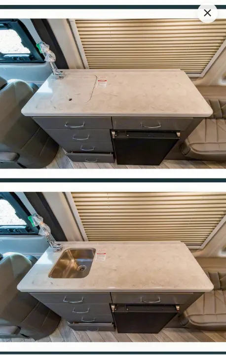 RV rental's compact kitchen. Top shows countertop with covered sink; bottom reveals stainless steel sink. Includes drawers & fridge.. Thor Tranquility 2025