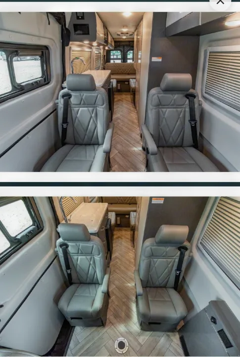 Inside a modern rv rental: two passenger seats, a compact kitchen, and dinette area with herringbone floor. Ready for adventure.. Thor Tranquility 2025