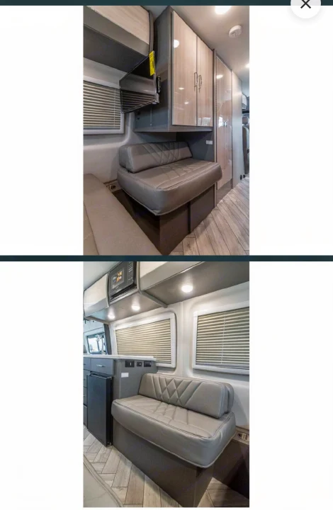 RV rental interior with a cozy bench seat, overhead cabinets, TV, microwave, and fridge for convenient travel.. Thor Tranquility 2025