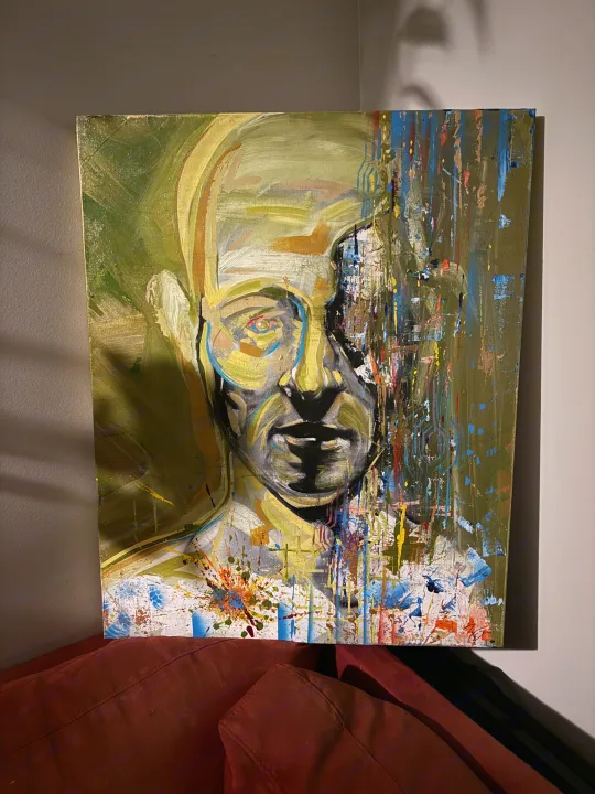 Vibrant abstract portrait painting of a man, with textured brushstrokes & splattered colors, ideal for an rv rental or home.. International 510A 1973