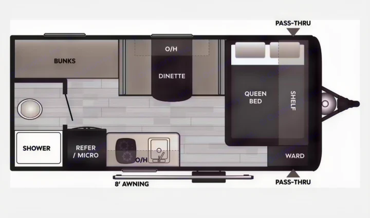 RV rental floor plan illustrating interior layout: queen bed, dinette, bunks, kitchen, shower, and storage areas.. Keystone RV Coleman 2025