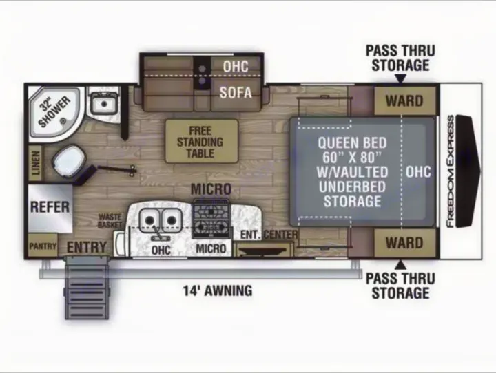 RV rental floor plan: Queen bed (60"x80"), 32" shower, kitchen, sofa, dining table, and storage areas for comfortable travel.. Coachmen Freedom Express 192RBS 2021