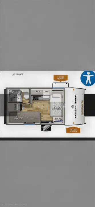 This Puma 122BHCE travel trailer floor plan shows an RV rental layout with queen and bunk beds, shower, kitchen, and storage.. Palomino Puma Camping Edition 122BHCE 2026
