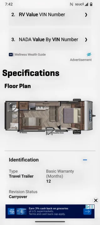 An RV page displaying a travel trailer floor plan, specifications, and valuation options. Useful for RV rental or purchase.. Forest River Salem Cruise Lite 2021