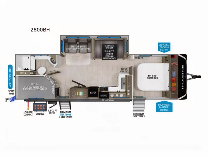 This RV rental floor plan (2800BH) shows a complete layout: front queen bed, central kitchen/dinette, rear bunk beds, and bathroom.. Grand Design Imagine 2022