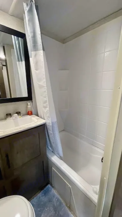 RV rental's compact bathroom includes a shower/tub, sink, mirror, and toilet for convenience.. Forest River Salem Cruise Lite 2021
