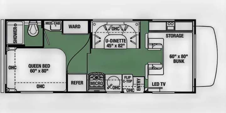 This RV rental floor plan shows a detailed interior layout with a queen bed, U-dinette, kitchen, bath, and 60x80 bunk.. Forest River Sunseeker 2019