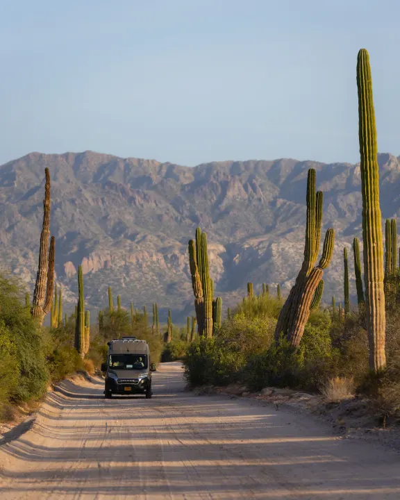 An RV rental camper van travels a dusty desert road, surrounded by towering cacti and distant mountains under a clear sky.. Coachmen PIXEL 2026
