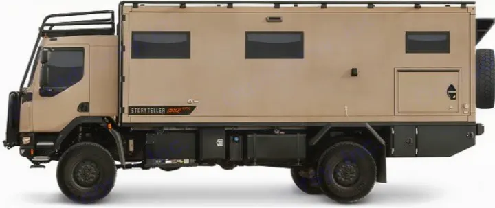 This large, tan off-road expedition **rv rental** truck, with a camper body, roof rack, and large tires, is ready for rugged adventure.. Storyteller Epic 2025