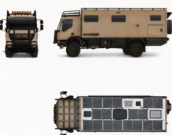 Storyteller GXT EPIC off-road RV rental shown front, side (11.5" ground clearance), and top with solar panels. Built for adventure.. Storyteller Epic 2025