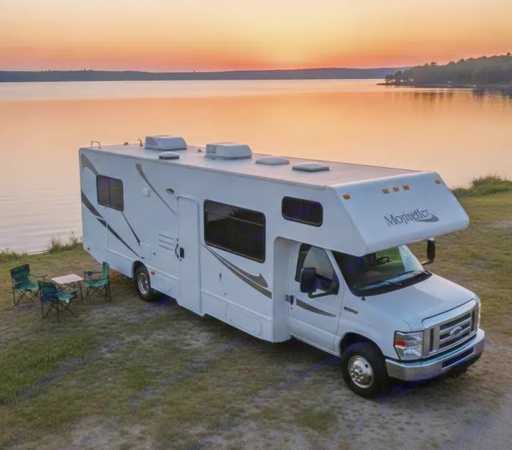 Enjoy an RV rental adventure! This white RV is parked by a beautiful lake at sunset, with chairs ready for relaxation.. Thor Majestic 2019