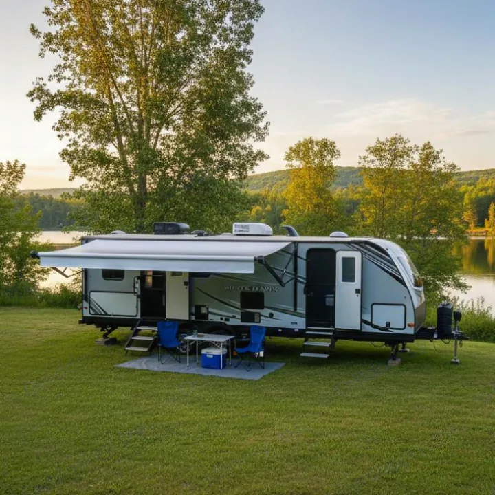 Scenic rv rental at a lake. This travel trailer with an awning, table, chairs & cooler is ready for your outdoor adventure.. Jayco White Hawk 2021
