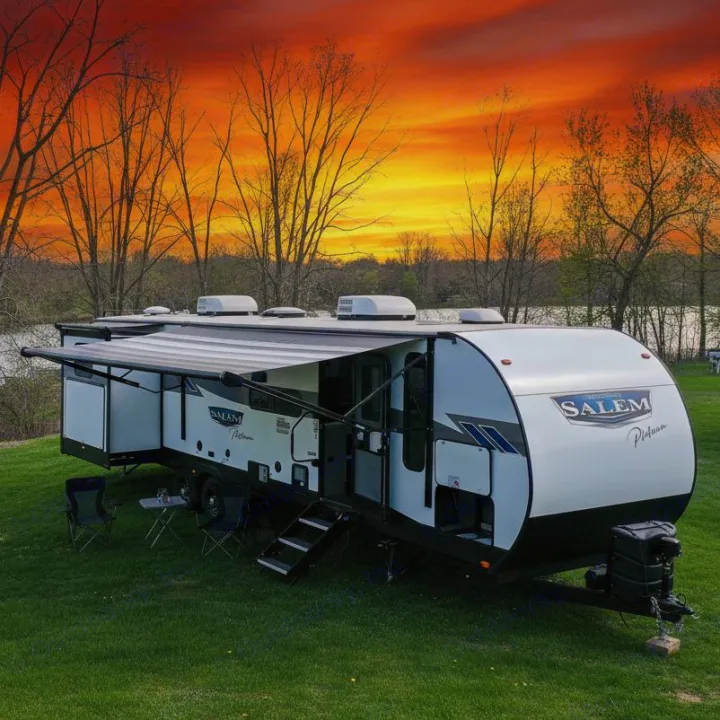 Stunning sunset over a modern rv rental travel trailer parked on green grass by a lake. Perfect for camping adventures!. Forest River Salem Platinum 2023
