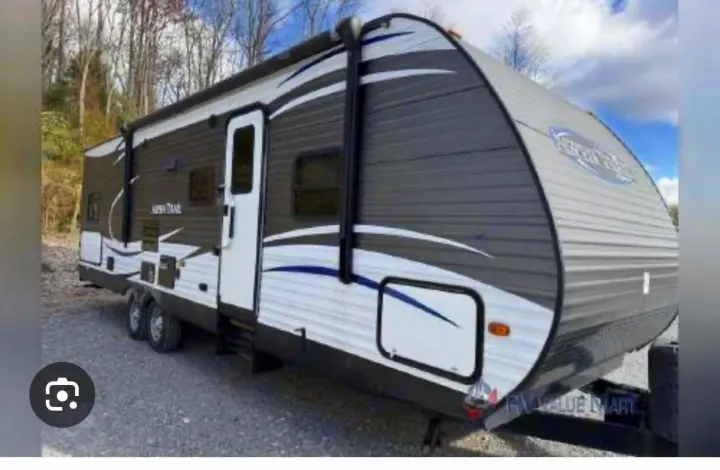 Aspen Trail travel trailer RV rental, grey and white with blue accents. Ready for your next outdoor adventure!. Aspen Trail Aspen Trail Trailer 2018