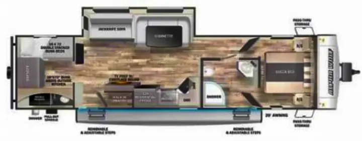 Explore this spacious RV rental floor plan with a front queen bed, central kitchen/dinette, rear bunks, and a mid-bathroom.. Escape Trailer Alpha Wolf 2020