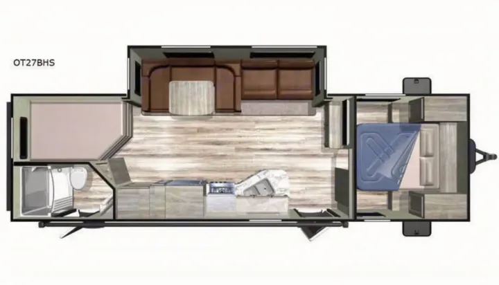 Detailed OT27BHS rv rental floor plan, ideal for family travel. Shows kitchen, dinette, sofa, full bath, master bed, and bunk beds.. Highland Ridge RV Open Range 2019