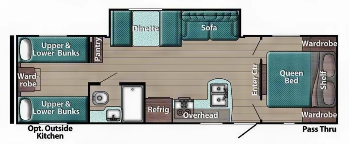 Spacious RV rental floor plan featuring queen bed, bunk beds, dinette, sofa, full kitchen, and bath.. Gulf Stream Ameri-Lite 2023