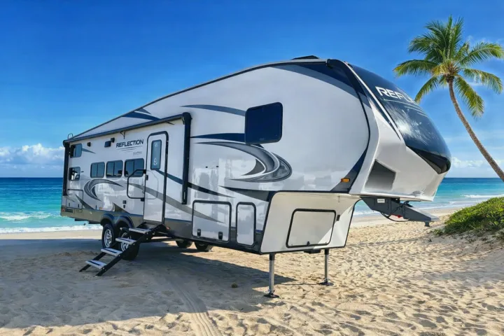 Enjoy an rv rental! A modern fifth-wheel camper sits on a sandy beach beside the turquoise ocean and a palm tree.. Grand Design Reflection 2022