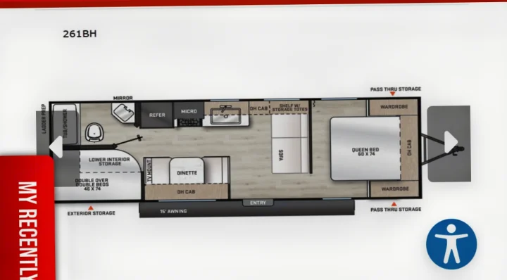 RV rental 261BH travel trailer floor plan, detailing interior layout with queen bed, bunks, kitchen, dinette, and bathroom.. Coachmen Catalina Sumit 8 2025