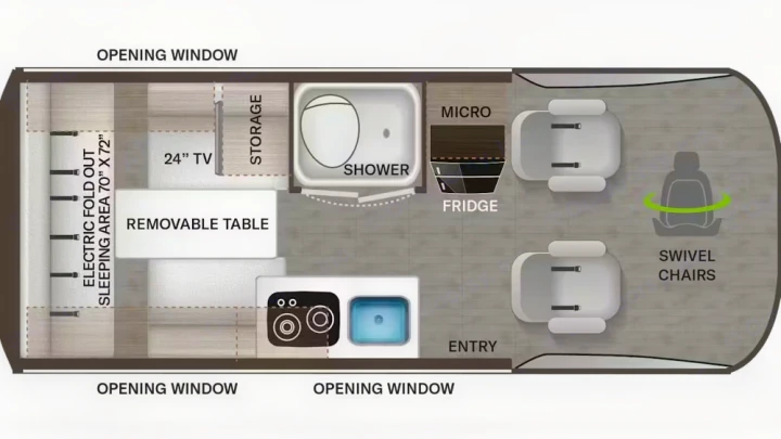Detailed RV rental floor plan shows a sleeping area (70"x72"), kitchen, shower, & swivel chairs. Plan your adventure!. Thor Motor Coach Sprinter 4X4 Tranquility 2023