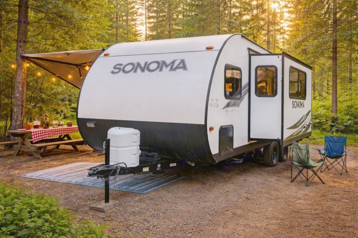 An RV rental, a Sonoma travel trailer, parked at a peaceful forest campsite with an awning, picnic table, and chairs.. Forest River Sonoma 2020