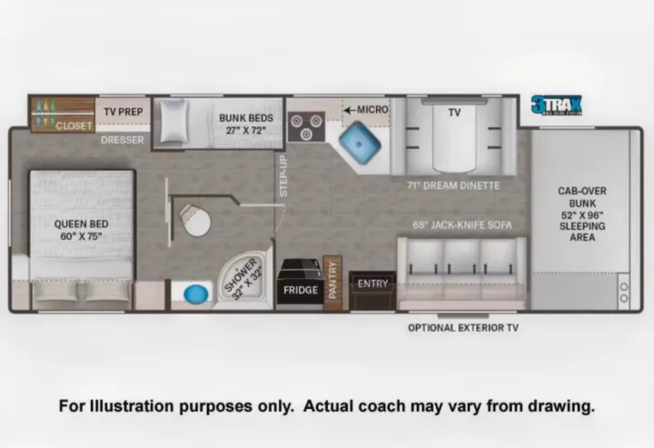 RV rental floor plan: Features a queen bed, bunk beds, cab-over bunk, kitchen, dinette, sofa, and bathroom layout.. Thor Chateau 2024