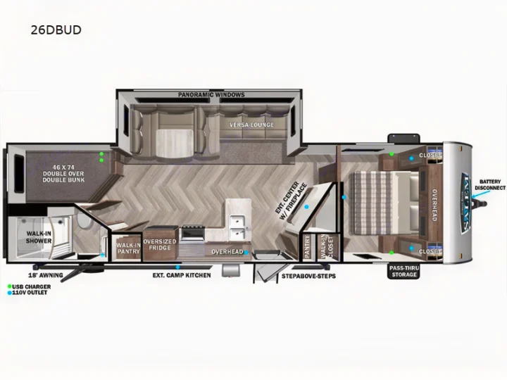 Detailed 26DBUD RV floor plan for rv rental, showing bunk beds, kitchen, lounge, master bedroom, and outdoor kitchen.. Forest River Salem 2022
