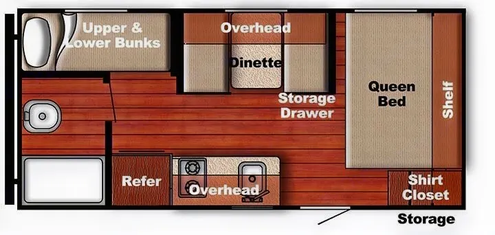 RV rental floor plan, detailing upper/lower bunks, queen bed, dinette, kitchen, and bathroom layout.. Gulf Stream Ameri-Lite Super Lite 2022