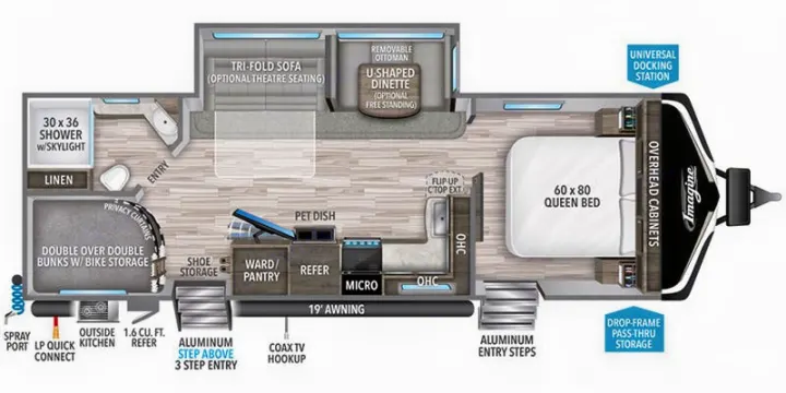 This RV rental floor plan displays a queen bed, double bunks, U-shaped dinette, kitchen, and 30x36 shower layout.. Grand Design Imagine 2022